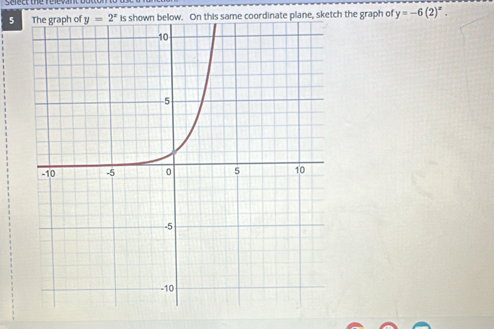 Select the relevant bu
5n this same coordinate plane, sketch the graph of y=-6(2)^x.