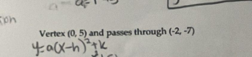 Vertex (0,5) and passes through (-2,-7)