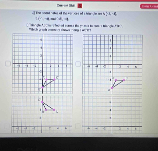 Current Skill SHOW ANSWI 
.[] The coordinates of the vertices of a triangle are A(-3,-4), 
D (-1,-4) , and C(0,-6). 
Triangle ABC is reflected across the y-axis to create triangle A'B'C'. 
Which graph correctly shows triangle A'B'C'?