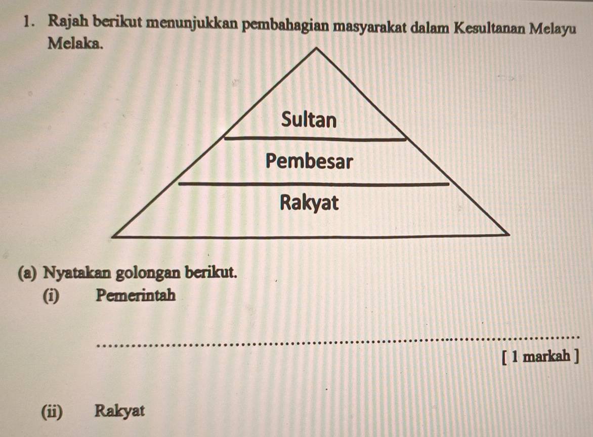 Rajah berikut menunjukkan pembahagian masyarakat dalam Kesultanan Melayu 
Melaka. 
(a) Nyatakan golongan berikut. 
(i) Pemerintah 
_ 
[ 1 markah ] 
(ii) Rakyat