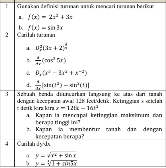 Gunakan definisi turunan untuk mencari turunan berikut
2
3ah
ah
an
n
b. y=sqrt[4](1+sin 5x)