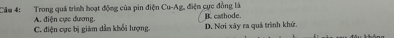 Trong quá trình hoạt động của pin điện Cu-Ag, điện cực đồng là
A. điện cực dương. B. cathode.
C. điện cực bị giảm dần khối lượng. D. Nơi xảy ra quá trình khử.