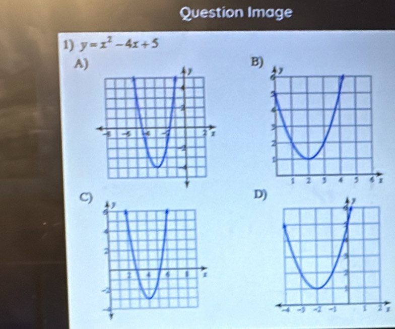 Question Image 
1) y=x^2-4x+5
A) 
B) 
C) 
D 
1