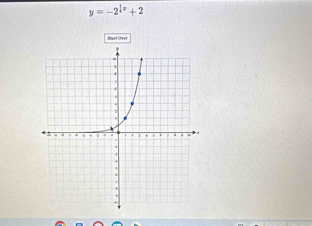 y=-2^(frac 1)4x+2
Start Over