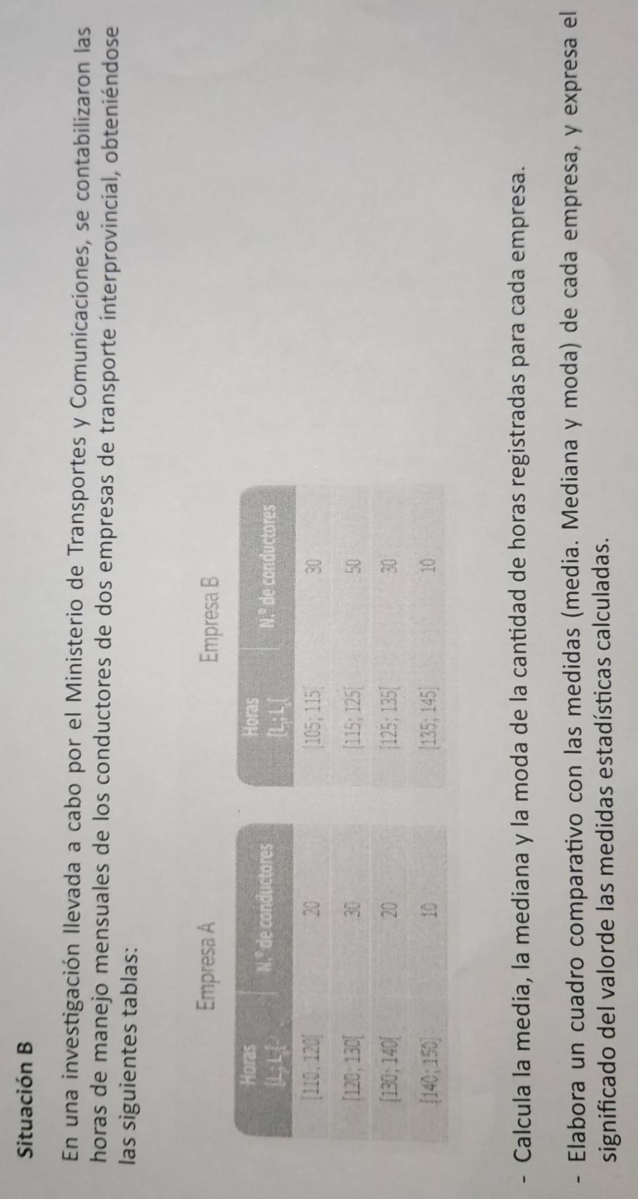 Situación B
En una investigación llevada a cabo por el Ministerio de Transportes y Comunicaciones, se contabilizaron las
horas de manejo mensuales de los conductores de dos empresas de transporte interprovincial, obteniéndose
las siguientes tablas:
Empresa A Empresa B
- Calcula la media, la mediana y la moda de la cantidad de horas registradas para cada empresa.
- Elabora un cuadro comparativo con las medidas (media. Mediana y moda) de cada empresa, y expresa el
significado del valorde las medidas estadísticas calculadas.