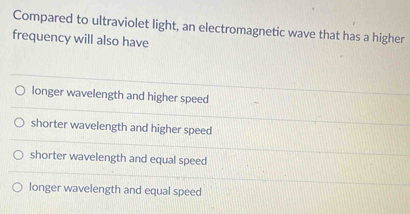 Compared to ultraviolet light, an electromagnetic wave that has a higher
frequency will also have
longer wavelength and higher speed
shorter wavelength and higher speed
shorter wavelength and equal speed
longer wavelength and equal speed