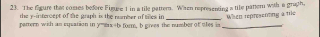 The figure that comes before Figure 1 in a tile pattern. When representing a tile pattern with a graph, 
the y-intercept of the graph is the number of tiles in _. When representing a tile 
pattern with an equation in y=mx+b form, b gives the number of tiles in _.