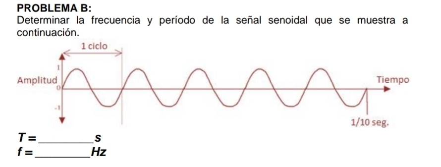 PROBLEMA B: 
Determinar la frecuencia y período de la señal senoidal que se muestra a 
continuación.
T= _ 
S
f= _
Hz