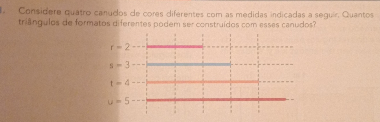 Considere quatro canudos de cores diferentes com as medidas indicadas a seguir. Quantos
triângulos de formatos diferentes podem ser construídos com esses canudos?