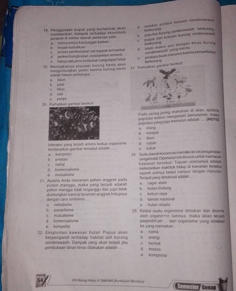 a. sumber protein hewani cenderawash
18. Penggunaan pupuk yang berlebihan akan
berkurang
memberikan dampak terhadap ekosistem
perairan di sekitar daerah pertanian yaitu b. populasi burung cenderawasih berkurand
c pupuk dan kotoran burung cenderawasi
a. menurunnya kandungan karbon
berkurang
b. terjadi eutrofikasi
c proses pembusukan zat organik terhambat d. alar makin asri dengan kicau burun
cenderawasih yang merdu
e. produksi buah menurun karena penyerbukan
d perkembangbiakan zooplankton terhenti
e. hanya satu jenis tumbuhan yang dapat hidup
19. Meningkatnya populasi burung hantu akan berkurang
menguntungkan petani karena burung hantumbar berikut!
adalah hewan pemangsa ....
a daun
b. padi
c tikus
d ular
e. petani
20. Perhatikan gambar berikut!
Pada jaring-jaring makanan dabila
populasi kelinci mengalami penurunan, maka
populasi yang juga menurun adalah .... (HOTS)
a. elang
b. rumput
c. tikus
Interaksi yang terjadi antara kedua organisme d. rubah
berdasarkan gambar tersebut adalah .... e. katak
a. kompetisi 24. Suatu daerah konservasi memiliki cin-cin pengawasan
b. predasi sangat ketat. Diperlukan izin khusus untuk memasuki
c. netral kawasan tersebut. Tujuan utamanya adalah
d. komensalisme melestarikan makhluk hidup di kawasan tersebu
e. mutualisme seperti aslinya tanpa campur tangan manusia
21. Apabila Anda menanam pohon anggrek pada Tempat yang dimaksud adalah
pohon mangga, maka yang terjadi adalah a. cagar alam
pohon mangga tidak terganggu dan juga tidak b. hutan lindung
diuntungkan karena tanaman anggrek hidupnya c. kebun raya
dengan cara simbiosis ... d. taman nasional
a. netralisme e hutan wisata
b. parasitisme 25. Ketika suatu organisme dimakan dan dicema
c mutualisme oleh organisme lainnya, maka akan terjadi
d. komensalisme perpindahan ... dari organisme yang dimaka
e kompetisi ke yang memakan. 
22. Eksploitasi kawasan hutan Papua akan a nama
berpengaruh terhadap habitat asli burung b energi
cenderawasih. Dampak yang akan terjadi jika c. bentuk
pembukaan lahan terus dilakukan adalah .... d. massa
e. komposisi
54 IPA Biologi Kelas X SMA/MA (Kurikulum Merdeka)
Genap