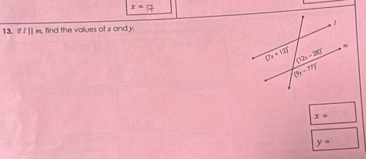 x=
13. ifl||m find the values of x and y.
x=
y=