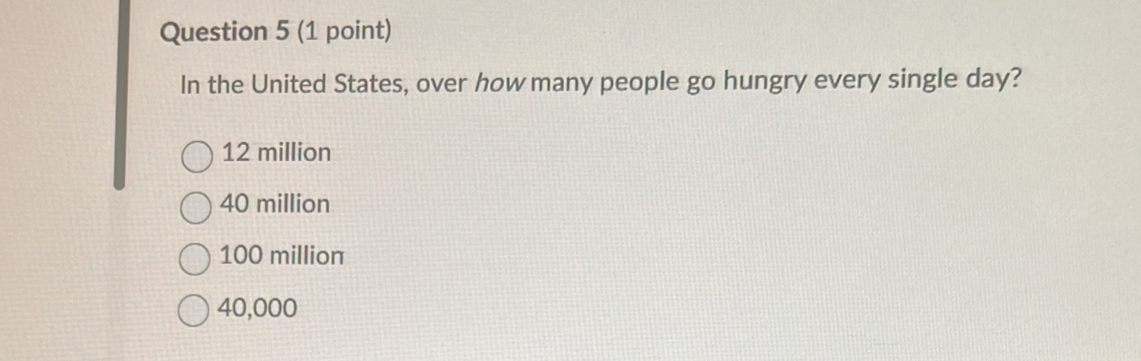 In the United States, over how many people go hungry every single day?
12 million
40 million
100 million
40,000