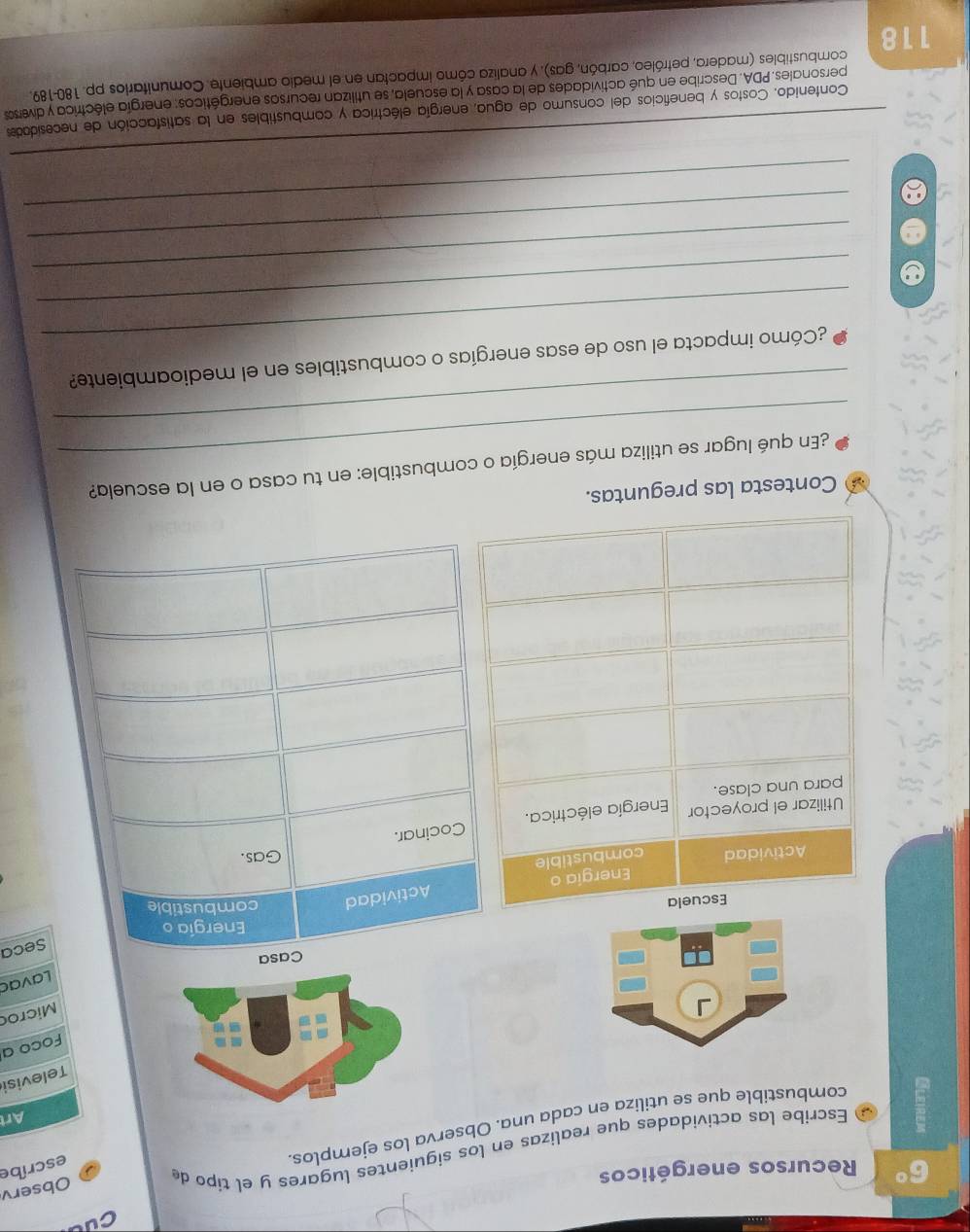 Cuu 
∩ C Recursos energéticos 
escríbe 
Escribe las actividades que realizas en los siguientes lugares y el tipo de 
Observ 
combustible que se utiliza en cada una. Observa los ejemplos. 
Art 
Televisi 
Foco a 
Microc 
Lavac 
Seca 
Energía o 
Escuela combustible 
Actividad 
Energía o 
Actividad combustible 
Gas. 
para una clase. Energía eléctrica. Cocinar. 
Utilizar el proyector 
Contesta las preguntas. 
_ 
¿En qué lugar se utiliza más energía o combustible: en tu casa o en la escuela? 
_ 
_ 
¿Cómo impacta el uso de esas energías o combustibles en el medioambiente? 
_ 
_ 
_ 
_ 
_ 
_ 
Contenido. Costos y beneficios del consumo de agua, energía eléctrica y combustibles en la satisfacción de necesidades 
personales.PDA. Describe en qué actividades de la casa y la escuela, se utilizan recursos energéticos: energía eléctrica y diversos
118 combustibles (madera, petróleo, carbón, gas), y analiza cómo impactan en el medio ambiente. Comunitarios pp. 180-189.