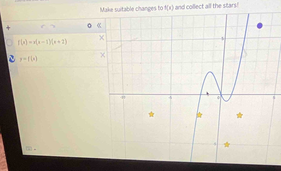 hanges to f(x) and collect all the stars!
+
f(x)=x(x-1)(x+2)
y=f(x)
5