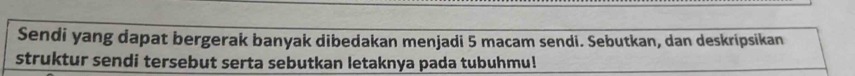 Sendi yang dapat bergerak banyak dibedakan menjadi 5 macam sendi. Sebutkan, dan deskripsikan 
struktur sendi tersebut serta sebutkan letaknya pada tubuhmu!