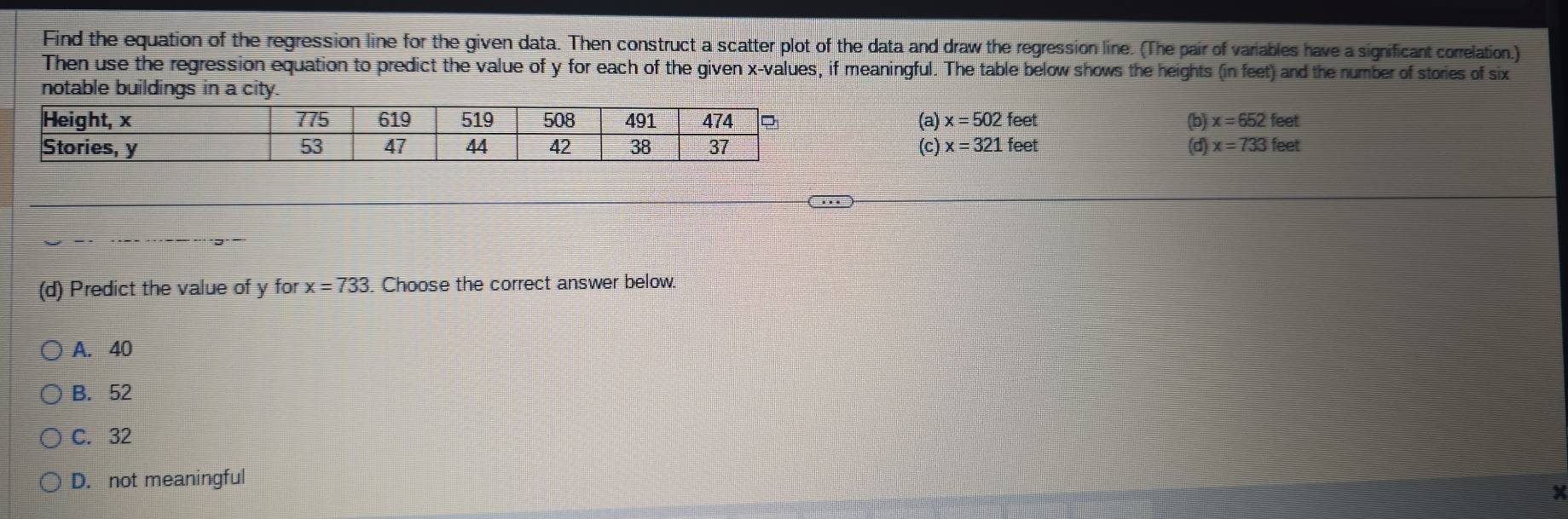 Solved: Find the equation of the regression line for the given data ...