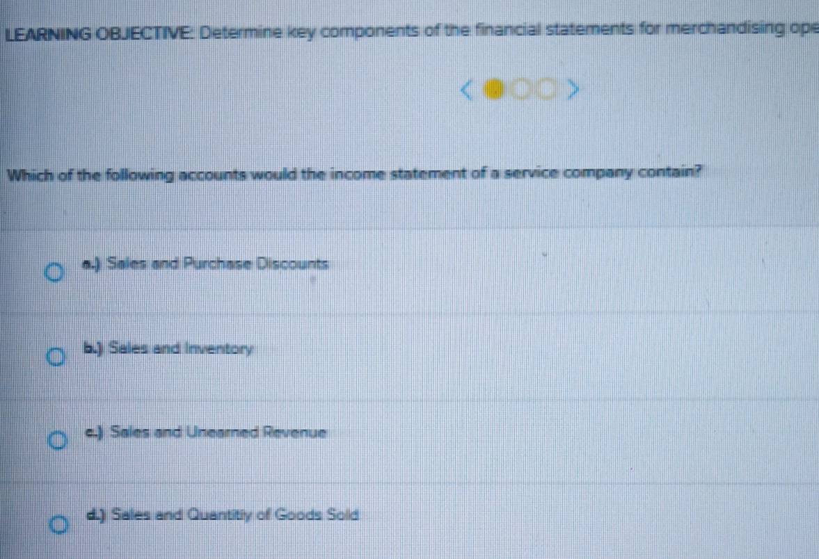 LEARNING OBJECTIVE: Determine key components of the financial statements for merchandising ope
Which of the following accounts would the income statement of a service company contain?
a.) Sales and Purchase Discounts
b.) Sales and Inventory
e.) Sales and Unearned Revenue
d.) Sales and Quantitly of Goods Sold