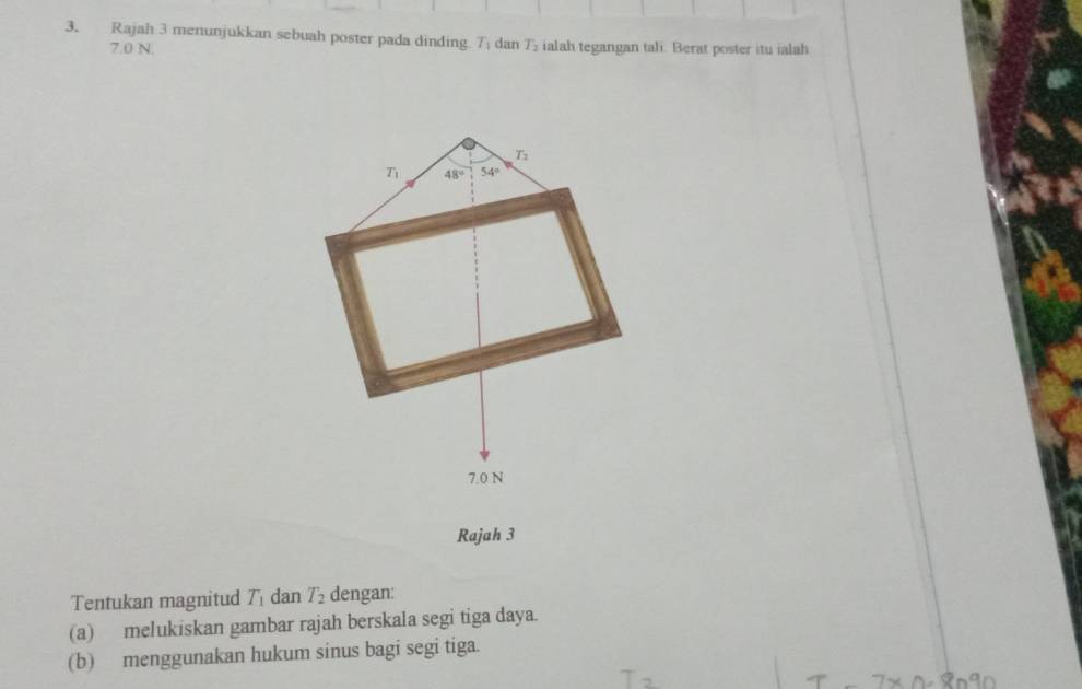 Rajah 3 menunjukkan sebuah poster pada dinding T_1 dan T_2 ialah tegangan tali. Berat poster itu ialah
7.0 N.
T_2
T_1 48° 54°
7.0 N
Rajah 3 
Tentukan magnitud T_1 dan T_2 dengan: 
(a) melukiskan gambar rajah berskala segi tiga daya. 
(b) menggunakan hukum sinus bagi segi tiga.