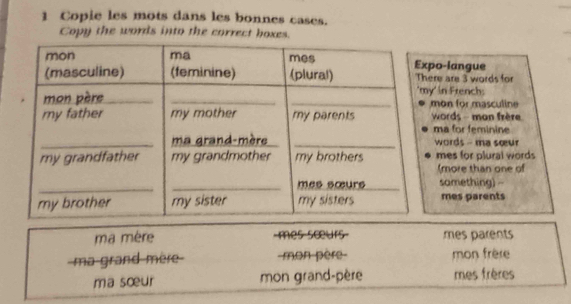 Copie les mots dans les bonnes cases. 
Copy the words into the correct boxes. 
-iangue are 3 words for 
in French: 
on for masculine 
ords - man frère 
a for feminine 
ords - ma sœur 
es for plural words 
more than one of 
samething) - 
mes parents 
ma mère es sœurs mes parents 
ma grand mère mon père mon frère 
ma sœur mon grand-père mes frères