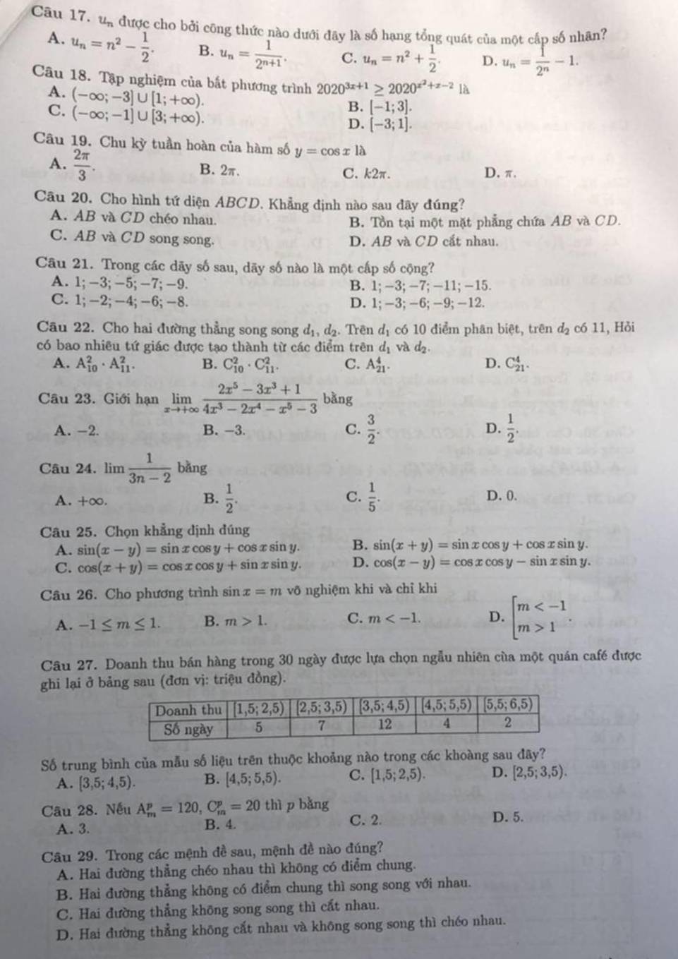 u_n được cho bởi công thức nào dưới đãy là số hạng tổng quát của một cấp số nhãn?
A. u_n=n^2- 1/2 . B. u_n= 1/2^(n+1) . C. u_n=n^2+ 1/2 . D. u_n= 1/2^n -1.
Câu 18. Tập nghiệm của bất phương trình 2020^(3x+1)≥ 2020^(x^2)+x-2 là
A.
C. (-∈fty ;-3]∪ [1;+∈fty ).
(-∈fty ;-1]∪ [3;+∈fty ).
B. [-1;3].
D. [-3;1].
Câu 19. Chụ ky tuần hoàn của hàm số y=cos xla
A.  2π /3 . B. 2π. C. k2π. D.π.
Câu 20. Cho hình tứ diện ABCD. Khẳng định nào sau đãy đúng?
A. AB và CD chéo nhau.
B. Tồn tại một mặt phẳng chứa AB và CD.
C. AB và CD song song. D. AB và CD cắt nhau.
Câu 21. Trong các dãy số sau, dãy số nào là một cấp số cộng?
A. 1; −3; −5;−7; −9. B. 1; −3; −7; −11; −15.
C. 1;-2;−4;-6;-8. D. 1; −3; -6; −9; -12.
Câu 22. Cho hai đường thẳng song song d_1,d_2 Trên d_1 có 10 điểm phân biệt, trên d_2 có 11, Hỏi
có bao nhiêu tứ giác được tạo thành từ các điểm trên d_1 và d_2.
A. A_(10)^2· A_(11)^2. B. C_(10)^2· C_(11)^2. C. A_(21)^4. D. C_(21)^4.
Câu 23. Giới hạn limlimits _xto +∈fty  (2x^5-3x^3+1)/4x^3-2x^4-x^5-3  bǎng
A. -2. B. -3. C.  3/2 .  1/2 .
D.
Câu 24. lim  1/3n-2  bǎng
A. +∞. B.  1/2 . C.  1/5 .
D. 0.
Câu 25. Chọn khẳng định đúng
A. sin (x-y)=sin xcos y+cos xsin y. B. sin (x+y)=sin xcos y+cos xsin y.
C. cos (x+y)=cos xcos y+sin xsin y. D. cos (x-y)=cos xcos y-sin xsin y.
Câu 26. Cho phương trình sin x=m võ nghiệm khi và chỉ khi
A. -1≤ m≤ 1. B. m>1. C. m D. beginarrayl m 1endarray. .
Câu 27. Doanh thu bán hàng trong 30 ngày được lựa chọn ngẫu nhiên cùa một quán café được
ghi lại ở bảng sau (đơn vị: triệu đồng).
Số trung bình của mẫu số liệu trên thuộc khoảng nào trong các khoàng sau đây?
A. [3,5;4,5). B. [4,5;5,5). C. [1,5;2,5). D. [2,5;3,5).
Câu 28. Nếu A_m^p=120,C_m^p=20th ì p bǎng D. 5.
A. 3. B. 4. C. 2.
Câu 29. Trong các mệnh đề sau, mệnh đề nào đúng?
A. Hai đường thẳng chéo nhau thì không có điểm chung.
B. Hai đường thẳng không có điểm chung thì song song với nhau.
C. Hai đường thẳng không song song thì cất nhau.
D. Hai đường thẳng không cắt nhau và không song song thì chéo nhau.