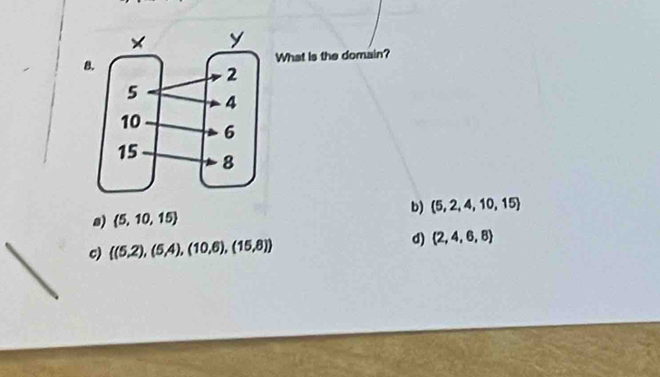 BWhat is the domain?
b)  5,2,4,10,15
s)  5,10,15
c)  (5,2),(5,4),(10,6),(15,8)
d)  2,4,6,8