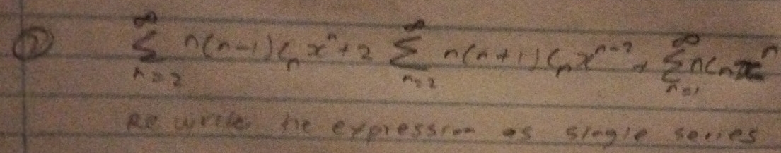 sumlimits _(n=2)^(∈fty)n(n-1)C_nx^n+2sumlimits _(n=2)^(∈fty)n(n+1)C_nx^(n-2)+sumlimits _(n=1)^(∈fty)n(nx^n
Re write he expression as single series