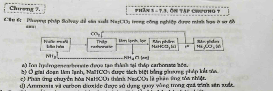 Chương 7. phần 3 - 7.3, Ôn tập chương 7
Câu 6: Phượng pháp Solvay đề sản xuất Naz CO_3 trong công nghiệp được minh họa ở sơ đồ 
sau：
CO_2
Nước muối Tháp làm lạnh, lọc Sản phẩm Sản phẩm 
bāo hòa carbonate NaHC O_3(s) t° Na_2CO_3(s)
_ NH_3
NH4 Cl (aq) 
a) Ion hydrogencarbonate được tạo thành tại tháp carbonate hóa. 
b) Ở giai đoạn làm lạnh, NaH ICO_3 được tách biệt bằng phương pháp kết tủa. 
c) Phản ứng chuyển hóa NaH [CO_3 thành Na_2CO_3 là phản ứng tỏa nhiệt. 
d) Ammonia và carbon dioxide được sử dụng quay vòng trong quá trình sản xuất.