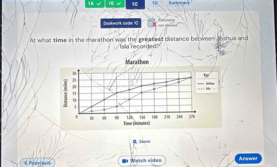 1A 18 1C 1D Summary 
Bookwork code: 1C Calculator 
not allowed 
At what time in the marathon was the greatest distance between Joshua and 
Isla recorded? 
Marathon
30
Key
25
Joshua
20
Isla
15
10
5
0 30 60 90 120 150 180 210 240 270
Time (minutes) 
Zoom 
Previous • Watch video Answer