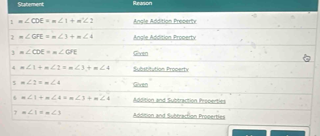 Statement Reason
1m∠ CDE=m∠ 1+m^2∠ 2 Angle Addition Property
2m∠ GFE=m∠ 3+m∠ 4 Angle Addition Property
3m∠ CDE=m∠ GFE Given
4m∠ 1+m∠ 2=m∠ 3+m∠ 4 Substitution Propertv
5m∠ 2=m∠ 4 Given
6m∠ 1+m∠ 4=m∠ 3+m∠ 4 Addition and Subtraction Properties
m∠ 1=m∠ 3 Addition and Subtraction Propertles