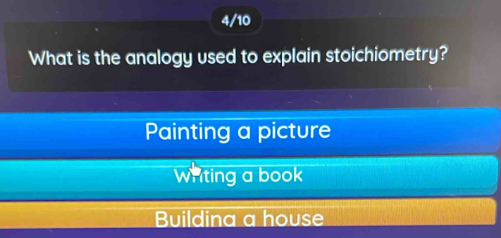 4/10
What is the analogy used to explain stoichiometry?
Painting a picture
writing a book
Buildina a house