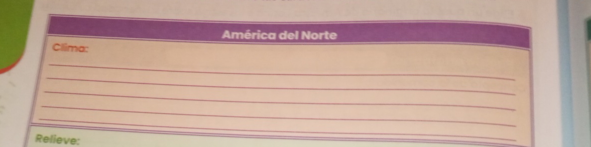 América del Norte 
Clima: 
_ 
_ 
_ 
_ 
_ 
Relieve: 
_