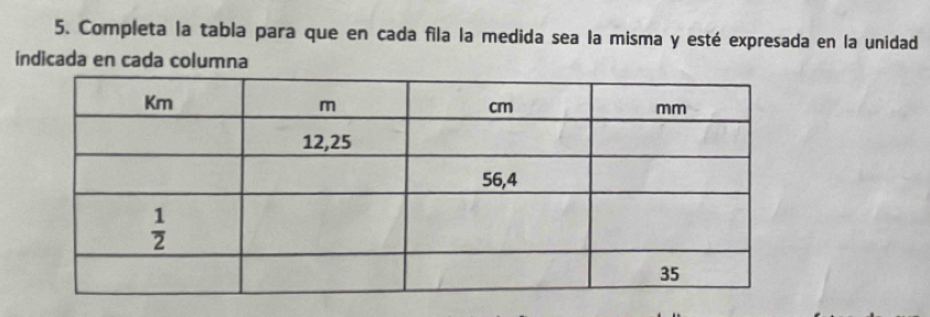 Completa la tabla para que en cada fila la medida sea la misma y esté expresada en la unidad
indicada en cada columna