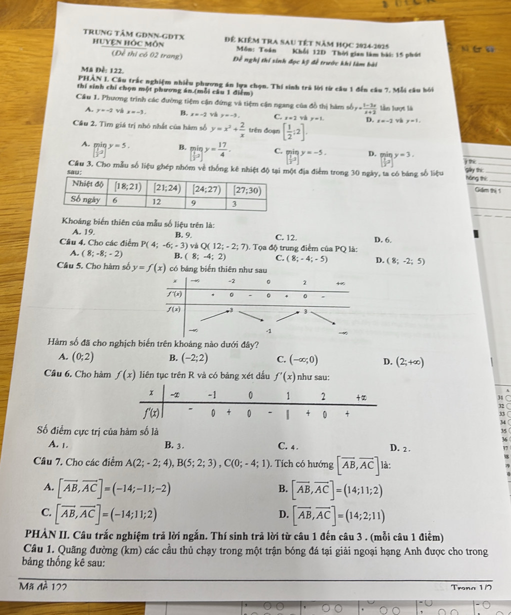 TRUNG TâM GDNN-GDTX Để Kiêm tra sau tết năm học 2024-2025
Huyện hóc môn Môn: Toán Khối 12D Thời gian làm bài: 15 phút
(Đề thi có 02 trang) Đề nghị thí sinh đọc kỹ đề trước khi làm bài
Mã Đề: 122.
PHẢN I. Câu trấc nghiệm nhiều phương án lựa chọn. Thí sinh trà lời từ câu 1 đến câu 7. Mỗi câu hỏi
thí sinh chỉ chọn một phương án.(mỗi câu 1 điểm)
Cầu 1. Phương trình các đường tiệm cận đứng và tiệm cận ngang của đồ thị hàm số y= (1-3x)/x+2  lần lượt là
A. y=-2 vá x=-3. B. x=-2 và y=-3. C. x=2 và y=1. D. x=-2 và y=1,
Câu 2. Tìm giá trị nhỏ nhất của hàm số y=x^2+ 2/x  trên đoạn [ 1/2 ;2].
A. min y=5. B. beginbmatrix min  1/2 2end(bmatrix)^(y=frac 17)4. C. miŋ y=-5. D. beginbmatrix eta in  1/2 2end(bmatrix)^(y=3.)
[ 1/2 ]
[ 1/2 ] ' tc
_
Cầu 3. Cho mẫu số liệu ghép nhóm về thống kê nhiệt độ tại một địa điểm trong 30 ngày, ta có bảng số liệu gay thic
hóng thí:_
Giám thị 1
_
_
Khoảng biến thiên của mẫu số liệu trên là:
A. 19. B. 9. C. 12. D. 6.
Câu 4. Cho các điểm P(4;-6;-3) và Q(12;-2;7) 0. Tọa độ trung điểm của PQ là:
A. (8;-8;-2) B. (8;-4;2) C. (8;-4;-5) D. (8;-2;5)
Câu 5. Cho hàm số y=f(x) có bảng biến thiên như sau
Hàm số đã cho nghịch biến trên khoảng nào dưới đây?
A. (0;2) B. (-2;2) C. (-∈fty ;0) D. (2;+∈fty )
Câu 6. Cho hàm f(x) liên tục trên R và có bảng xét dấu f'(x) như sau:
31
32
33
Số điểm cực trị của hàm số là
A. 1. B. 3 . C. 4. D. 2 .
Câu 7. Cho các điểm A(2;-2;4),B(5;2;3),C(0;-4;1). Tích có hướng [overline AB,overline AC] là:
A. [vector AB,vector AC]=(-14;-11;-2) [overline AB,overline AC]=(14;11;2)
B.
C. [vector AB,vector AC]=(-14;11;2) [overline AB,overline AC]=(14;2;11)
D.
PHẢN II. Câu trắc nghiệm trả lời ngắn. Thí sinh trả lời từ câu 1 đến câu 3 . (mỗi câu 1 điểm)
Câu 1. Quãng đường (km) các cầu thủ chạy trong một trận bóng đá tại giải ngoại hạng Anh được cho trong
bảng thống kê sau:
M and 127 Trona 1/