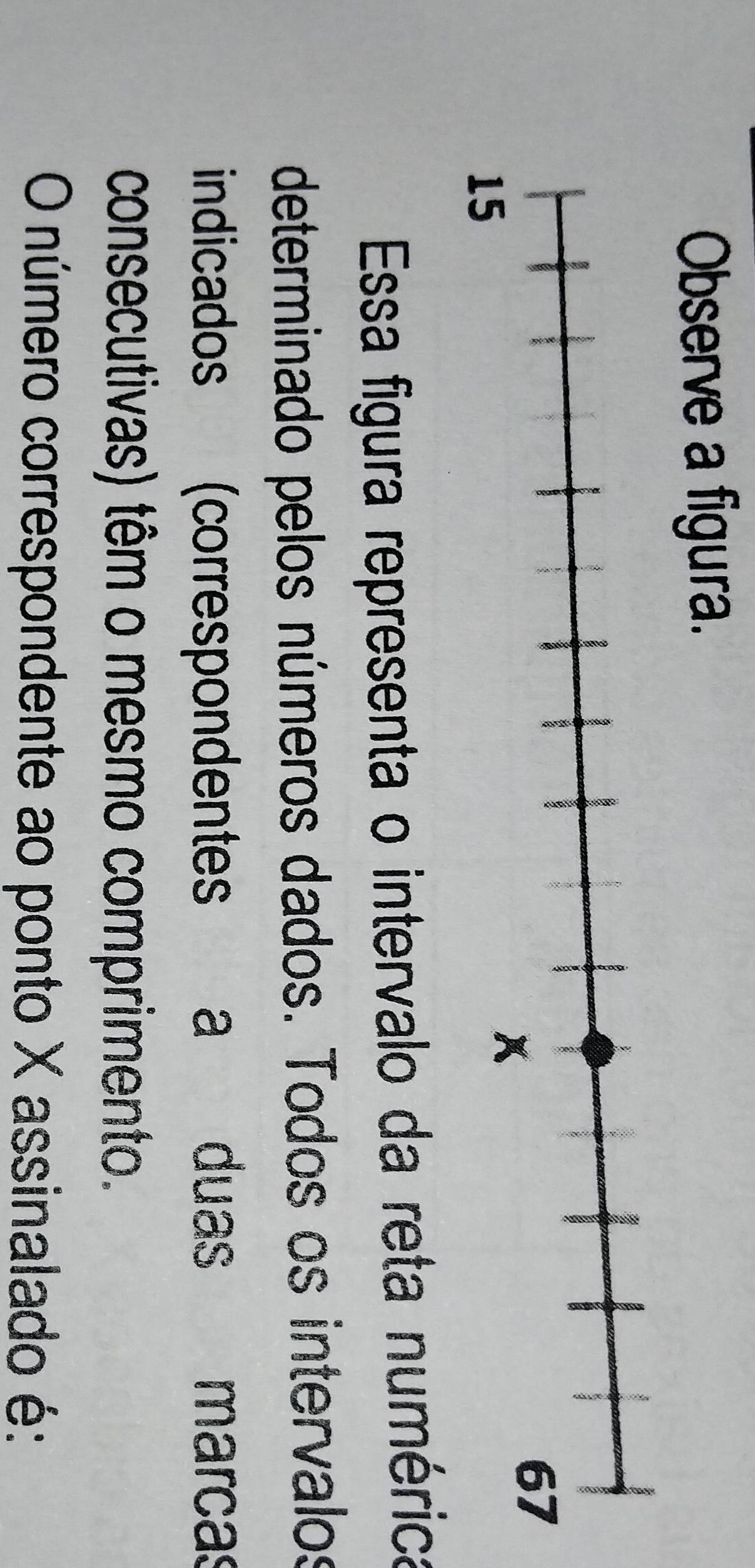 Observe a figura. 
Essa figura representa o intervalo da reta numérica 
determinado pelos números dados. Todos os intervalos 
indicados (correspondentes a duas marcas 
consecutivas) têm o mesmo comprimento. 
O número correspondente ao ponto X assinalado é: