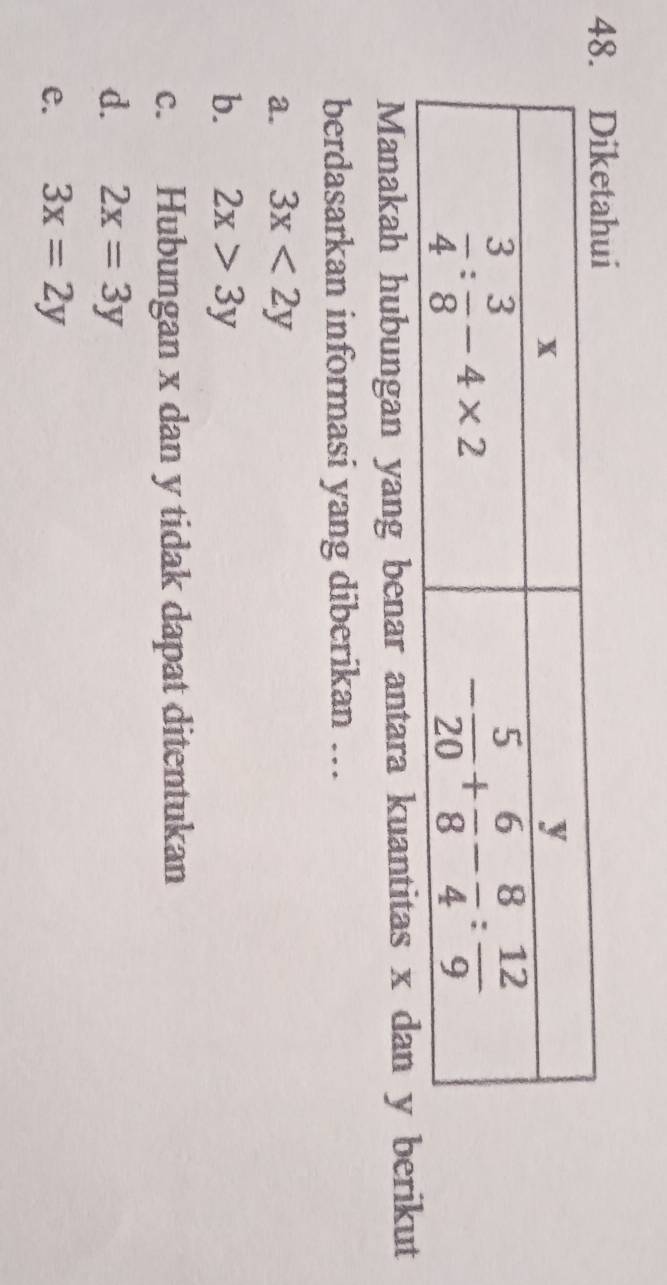 Manakah hubungan yang benar antara kuantitas x dan y berikut
berdasarkan informasi yang diberikan ...
a. 3x<2y</tex>
b. 2x>3y
c. Hubungan x dan y tidak dapat ditentukan
d. 2x=3y
e. 3x=2y