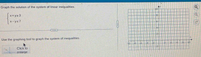 Graph the solution of the system of linear inequalties.
beginarrayl x+y≥ 3 x-y≤ 7endarray.
Use the graphing 10ol to graph the sysilem of insqualities 
Click to 
enlarge