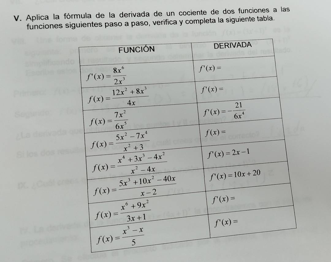 Aplica la fórmula de la derivada de un cociente de dos funciones a las
funciones siguientes paso a paso, verifica y completa la siguiente tabla.