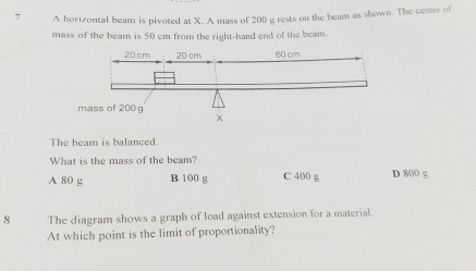 A horizontal beam is pivoted at X. A mass of 200 g rests on the beam as shown. The center of
mass of the beam is 50 cm from the right-hand end of the beam.
The beam is balanced.
What is the mass of the beam?
A 80 g B 100 g C 400 g D 800 g
8 The diagram shows a graph of load against extension for a material.
At which point is the limit of proportionality?