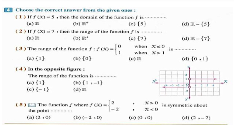 Choose the correct answer from the given ones :
( 1 ) If f(X)=5 , then the domain of the function f is_
(a) R (b) IR^+ (c)  5 (d) IR- 5
( 2 ) If f(X)=7 , then the range of the function f is_
(a) R (b) IR^+ (c)  7 (d) IR- 7
when X≤ 0 is
( 3 ) The range of the function f:f(x)=beginarrayl 0 1endarray. when x>1 _
(a)  1 (b)  0 (c) (d)  0,1
( 4 ) In the opposite figure :
The range of the function is_
(a)  1 (b)  1,-1
(c)  -1 (d)
( 5 ) _ The function f where f(x)=beginarrayl 2,x>0 -2,x<0endarray. is symmetric about
the point
(a) (2,0) (b) (-2,0) (c) (0,0) (d) (2,-2)