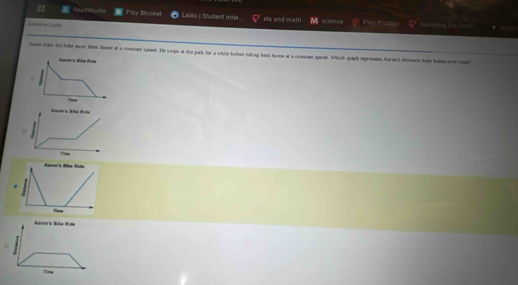ReadWorks Play Blooket Lalilo | Student inter. ela and math M science Play Pradigy
Kndsven Lauer Sunnving the Uothi
Aamm rides his hike away firm home at a constant speed. He stops at the park for a while before riding back home at a constant speed. Which graph represents Aaron's distanor fum home overtime?
Aarn's Bika Ride
Tima
Aaron's Bike Ride
0
Tlime