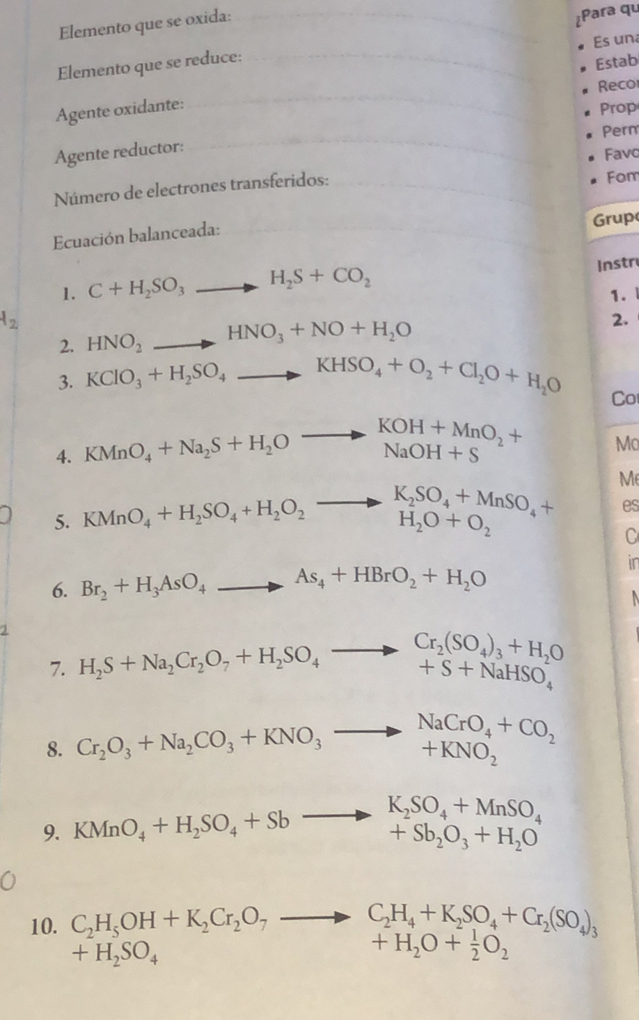 Elemento que se oxida: 
¿Para qu 
Es una 
Elemento que se reduce: 
Reco 
Agente oxidante: Estab 
Prop 
Perm 
Agente reductor: 
Favo 
Número de electrones transferidos: 
Fom 
Ecuación balanceada: Grup 
1. C+H_2SO_3to H_2S+CO_2
Instr 
1.
l_2 HNO_2to HNO_3+NO+H_2O
2. 
2. 
3. KClO_3+H_2SO_4to KHSO_4+O_2+Cl_2O+H_2O
Co 
Mo 
4.
M
es 
5.
C
6. Br_2+H_3AsO_4to As_4+HBrO_2+H_2O
in 
2 
7. 
8. Cr_2O_3+Na_2CO_3+KNO_3to beginarrayr NaCrO_4+CO_2 +KNO_2endarray
9. KMnO_4+H_2SO_4+Sbto° K_2SO_4+MnSO_4
+Sb_2O_3+H_2O
10. C_2H_5OH+K_2Cr_2O_7to C_2H_4+K_2SO_4+Cr_2(SO_4)_3
+H_2SO_4
+H_2O+ 1/2 O_2