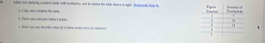 Julian was siudying a patern made with toothpicks, and he started the table shown at right. Homework Help % 
4. Copy and complete the table. 
b. Draw axes and plot Julian's poinis. 
c. How can you describe what all of these points have in common?