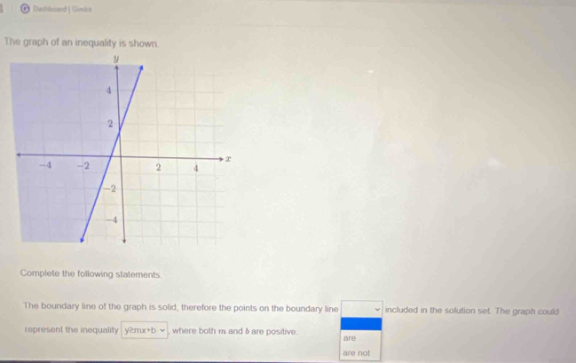 Deshboard | Gimkit 
The graph of an inequality is shown. 
Complete the following statements. 
The boundary line of the graph is solid, therefore the points on the boundary line □ included in the solution set. The graph could 
represent the inequality y2mx+b √ where both m and δare positive. are 
are not