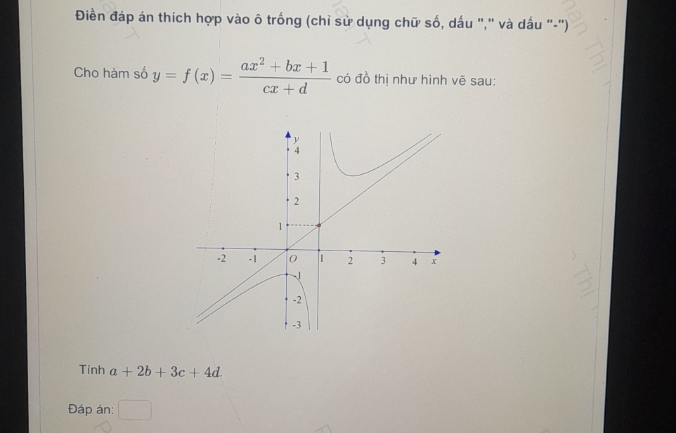 Điền đáp án thích hợp vào ô trống (chỉ sử dụng chữ số, dấu "," và dấu '-'') 
Cho hàm số y=f(x)= (ax^2+bx+1)/cx+d  có đồ thị như hình vẽ sau: 
Tính a+2b+3c+4d. 
Đáp án: □