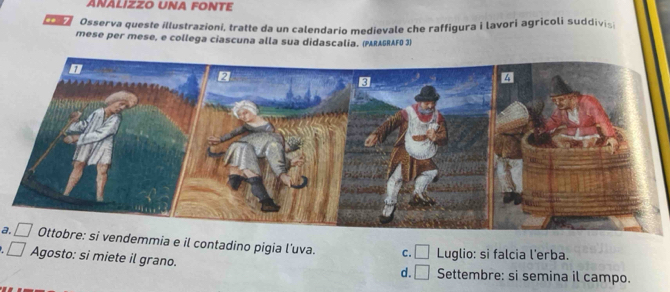 ANÁLIZZO UNA FONTE
-+ 7 Osserva queste illustrazioni, tratte da un calendario medievale che raffigura i lavorí agricoli suddivis
mese per mese, e collega ciascuna alla sua didascalia. (PARAGRAFO 3)
a. vendemmia e il contadino pigia l'uva. C. □ Luglio: si falcia l'erba.
□ Agosto: si miete il grano. Settembre: si semina il campo.
d. □