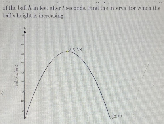 of the ball h in feet after t seconds. Find the interval for which the
ball’s height is increasing.