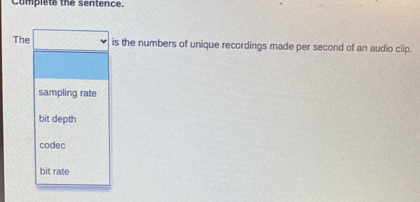 Complete the sentence.
The is the numbers of unique recordings made per second of an audio clip.
sampling rate
bit depth
codec
bit rate