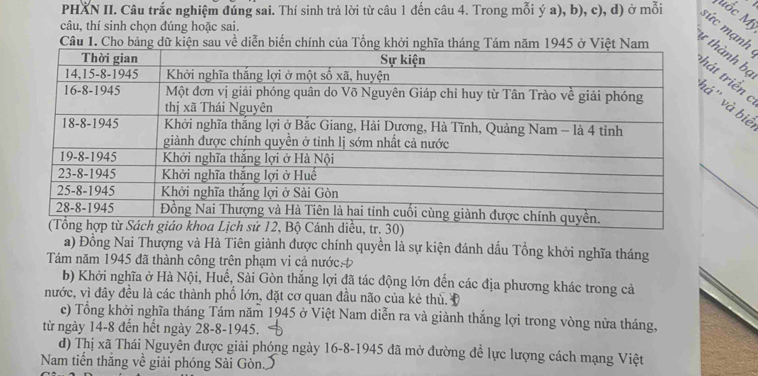 Mốc Mỹ
PHẢN II. Câu trắc nghiệm đúng sai. Thí sinh trả lời từ câu 1 đến câu 4. Trong mỗi ý a), b), c), d) ở mỗi sức mạnh
câu, thí sinh chọn đúng hoặc sai.
Câu 1. Cho bảng dữ kiện sau về diễn biến chính của Tổng khởi nghĩa tháng
4 thành bộ
t triển c
' và bié
_
a) Đồng Nai Thượng và Hà Tiên giành được chính quyền là sự kiện đánh dấu Tổng khởi nghĩa tháng
Tám năm 1945 đã thành công trên phạm vi cả nước.
b) Khởi nghĩa ở Hà Nội, Huế, Sài Gòn thắng lợi đã tác động lớn đến các địa phương khác trong cả
nước, vì đây đều là các thành phố lớn, đặt cơ quan đầu não của kẻ thù.Đ
c) Tổng khởi nghĩa tháng Tám năm 1945 ở Việt Nam diễn ra và giành thắng lợi trong vòng nửa tháng,
từ ngày 14-8 đến hết ngày 28 -8-1945.
d) Thị xã Thái Nguyên được giải phóng ngày 16 -8-1945 đã mở đường đề lực lượng cách mạng Việt
Nam tiến thắng về giải phóng Sài Gòn.