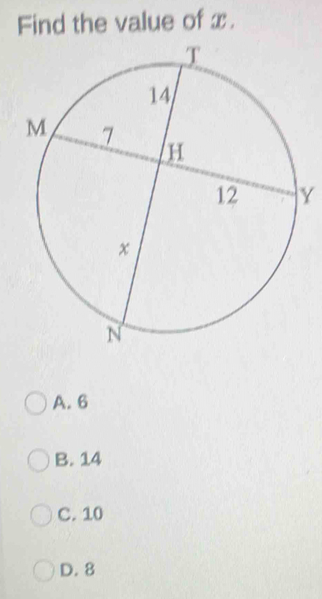 Find the value of x.
Y
A. 6
B. 14
C. 10
D. 8