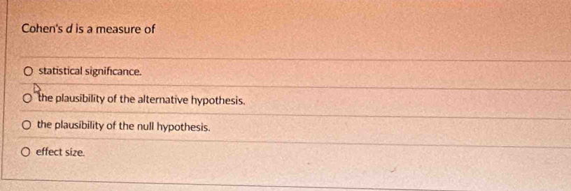 Cohen's d is a measure of
statistical significance.
the plausibility of the alternative hypothesis.
the plausibility of the null hypothesis.
effect size.